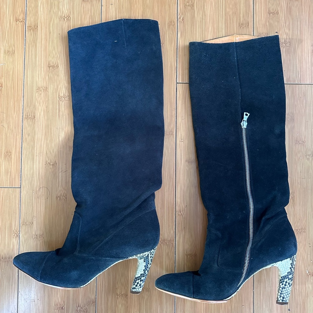 Dries Van Noten Black Suede Boots with Snakeskin Heel